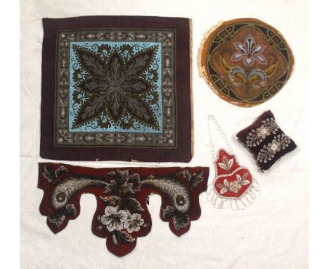 Five bead work decorated pieces, comprising a geometric bead work leaf pattern panel in purple wool work surround, some moth 
