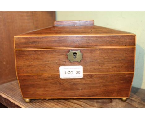 A 19TH CENTURY ROSEWOOD SARCOPHAGUS SHAPED TEA CADDY with twin interior compartments &amp; brass coloured hardware 