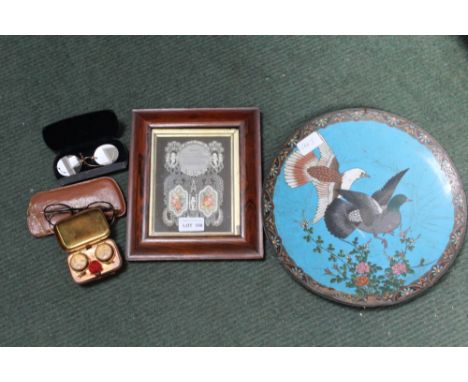 A CLOISONNE CHARGER VINTAGE TRAVELLING INKWELL, SPECTACLES AND A 19TH CENTURY ROSEWOOD FRAME containing a cut paper birthday 