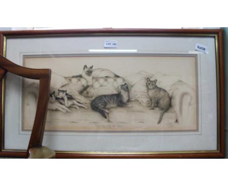 A SIGNED ARTISTS PROOF PRINT OF CATS ON A COUCH titled 'To the Manor Born' by Sue Willis 