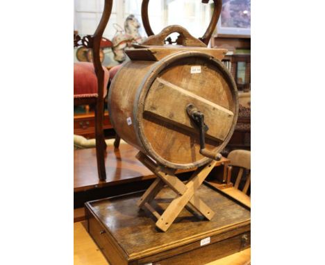 A VINTAGE COOPERED BARREL CHURN on associated stand 