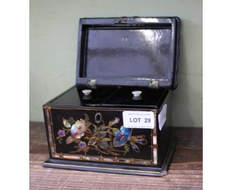 A 19TH CENTURY PAPIER MACHE TEA CADDY decorated with Mother of Pearl and overgilt painting 