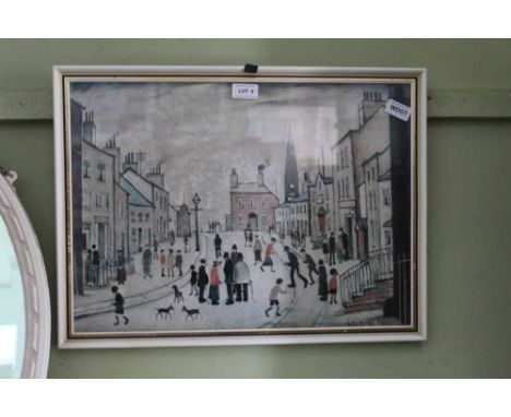 A COLOURED LOWRY PRINT OF A NORTHERN STREET SCENE 