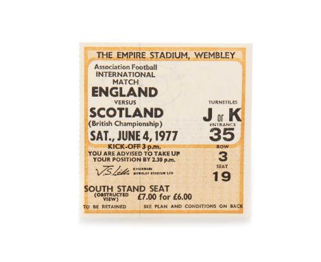 ENGLAND VS. SCOTLAND, TICKET, 4TH JUNE 1977  football ticketTurnstile J/K, Entrance 35 Row 3 Seat 19