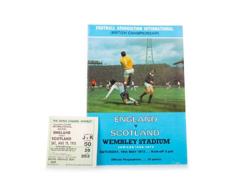 ENGLAND VS. SCOTLAND, PROGRAMME AND TICKET, 19TH MAY 1973 the ticket Turnstile J or K Entrance 50 Row 25 Seat 352