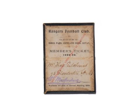 VERY RARE RANGERS F.C., MEMBER'S TICKET, 1898/99  the outer Morocco cover with gilt tooled inscription RANGERS FOOTBALL CLUB 