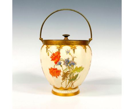 A china cracker barrel highlighted with gold and decorated in a floral scene with rich colors; brass lid finial. Royal Worces