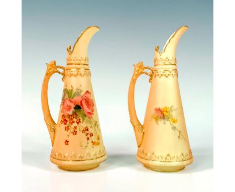 Charming vessels featuring hand painted flowers on a soft colored ground; heavy gilt decorations. Royal Worcester backstamp. 