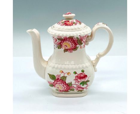 A white covered teapot decorated in dark pink flowers. Copeland Spode England backstamp. Issued: 20th centuryDimensions: 6.25