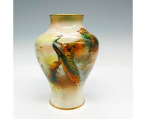Beautiful design of peacock in natural setting. Soft coloration of green, yellow and orange. Gilt edge on top and bottom. Roy
