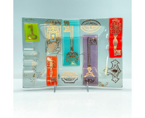 Attractive rectangular art glass tray with gold skeleton key designs over blocks of color. Signed Higgins. Dimensions: 10"L x