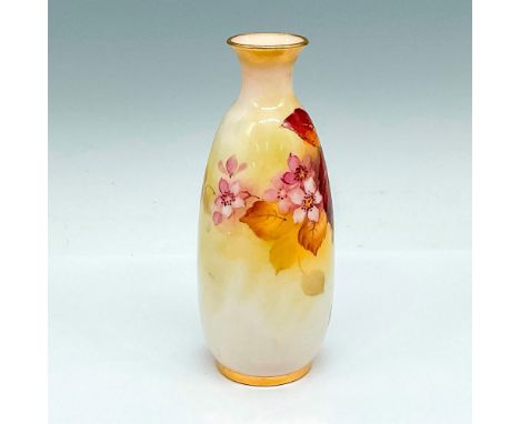Small elegant vase with blackberry and floral motif, gilt rim and base. Royal Worcester backstamp. Dimensions: 5.5"H x 2"diaM