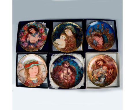 Limited edition, hand painted plates featuring playful children; gilded decorations. Edna Hibel backstamp. Largest plates mea