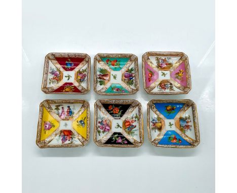 Six Dresden Porcelain style hand painted trinket dishes with floral and courting couples motif. Dimensions: 2.75"L x 2.75"W x