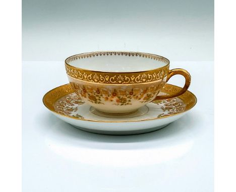 A stunning cup and saucer set adorned in flowers and intricate gold bands. Redon Limoges and PL Limoges France backstamps. Cu