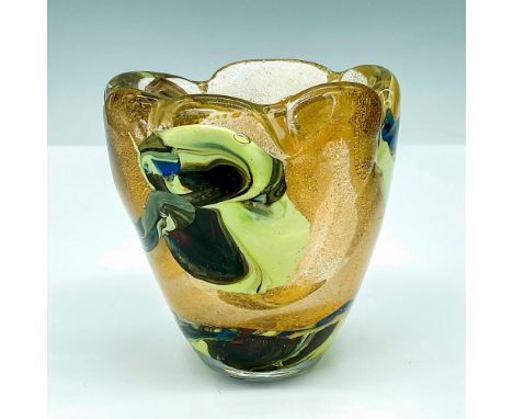 This is a thick, hand-blown art glass piece, which can serve as a short vase or a deep bowl. It's adorned with gold flakes an