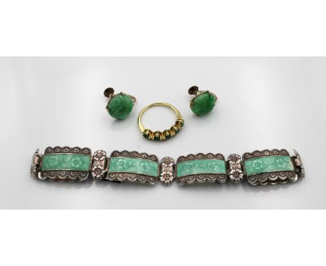 An 18ct yellow gold and emerald five stone ring, size K1/2, total gross weight approximately 2.5g; together with a pair of ea