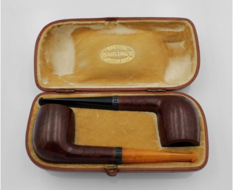 A cased pair of unused George V Barling briar pipes, with silver collars, Edwin &amp; William Barling, London,1924, both stam