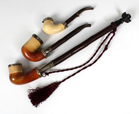 Three Barling meerschaum calabash/bent type pipes, the middle size by Benjamin Barling, London, 1851, having sliding pierced 