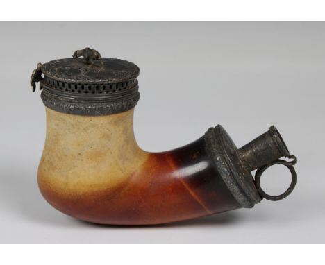 A large Victorian silver mounted Barling Meerschaum pipe the hinged lid set with a Pointer dog, Benjamin Barling, London,1852