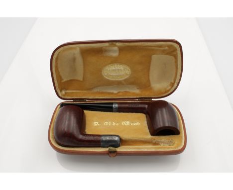 A cased pair of unused George V Barling briar pipes, with silver collars, Edwin &amp; William Barling, London, 1921 &amp; 192