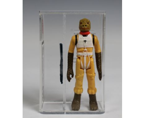 A loose, graded vintage Star Wars Bossk bounty hunter with original weapon., Cased in acrylic and graded by UK Graders. Figur