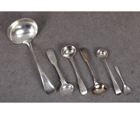 A silver sauce ladle, Sheffield, maker's mark EV, engraved initials, 16cm. long, together with a pair of small Georgian musta