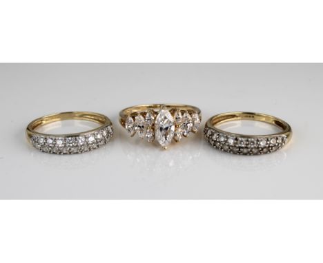 Three 14k yellow gold and cz rings, size R, total combined gross weight approximately 8.3g (3)