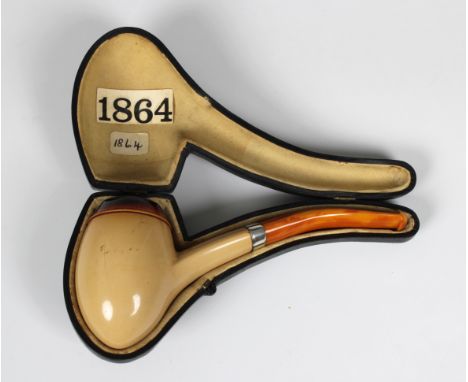 A cased lightly used Victorian Barling meerschaum bent pipe, Edwin &amp; William Barling, London, date letter rubbed, amber c