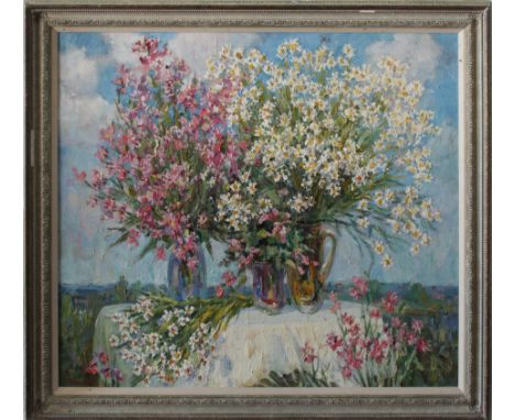 R. Fomenok (Russian, 20th century), Floral displays on a table, oil on canvas, signed lower left "Fomenok. R", signed and ins