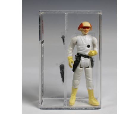 A loose, graded vintage Star Wars Cloud car pilot with original comms and blaster., Cased in acrylic and graded by UK Graders