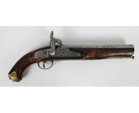 An 18th century and later Light Dragoon style pistol converted to percussion cap from flintlock, the 9in. (22.8cm.) steel bar