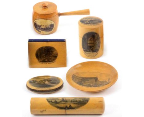 Mauchline Ware - twelve pieces, comprising of a cylindrical form reel box, pin cushion, saucepan, travel mirror, spectacle ca