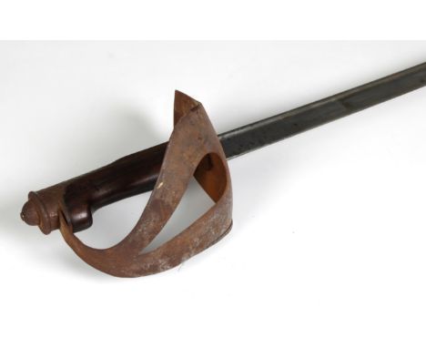 A 19th century cavalry sword, having slightly curved 90cm. single edge steel blade, steel guard, wooden grip, steel scabbard.