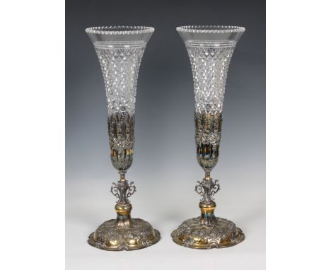 Pair of Victorian silver gilt and cut glass trumpet form vases, by Robert Hennell III