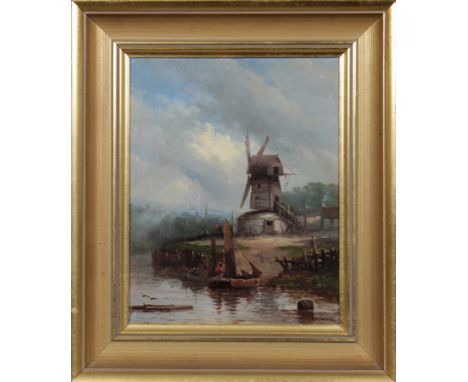 R* B* David (19th Century), Figures unloading a boat before a windmill, signed, oil on board, 24.75cm x 19.5cm