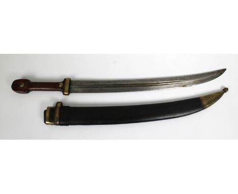 Russian Kinjal short sword blade dated 1915 with various arsenal marks, 43.5cm. curved blade, in its brass mounted leather sc