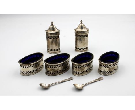 A George V silver six piece condiment set, Asprey &amp; Co Ltd, London, 1924, of oval pierced design, comprising of a pair of