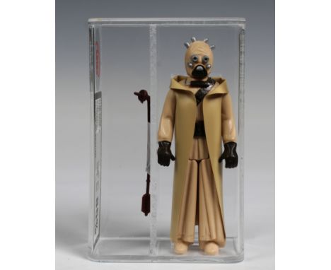 A loose, graded vintage Star Wars Sand people (Tusken Raider) with original weapon and vinyl cape., Cased in acrylic and grad