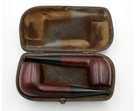 A cased pair of unused Billiard briar pipes, stamped LONDON MADE, 12.5cm. long. * Laxey pipe factory collection.
