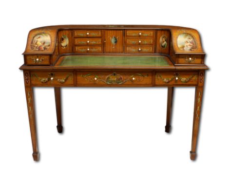 An Edwardian satinwood and polychrome painted Carlton House writing desk, 97cm x 125cm x 58cm