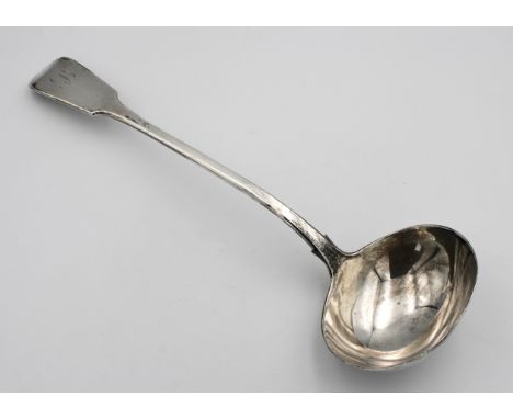 A George IV silver fiddle pattern soup ladle, William Eaton, London, 1827, engraved initial 'B' to terminal, 33.5cm. long, we