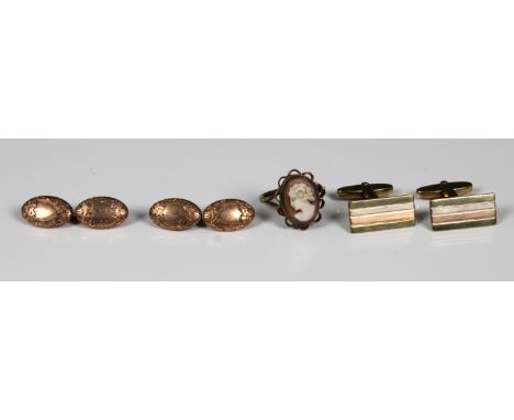 A pair of 9ct three colour gold cufflinks, together with a pair of 9ct rose gold chain cufflinks and a 9ct gold cameo ring.