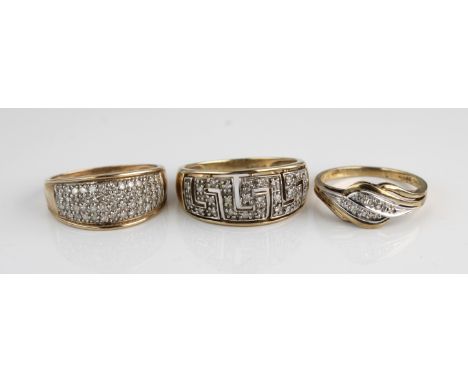 Three 9ct yellow gold and diamond rings, sizes O, R &amp; U, combined total gross weight approximately 9.2g