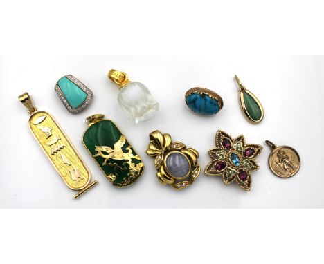 A small collection of 9ct gold, yellow metal, plated pendants, etc, to include a 9ct gold &amp; turquoise stud; gold double s