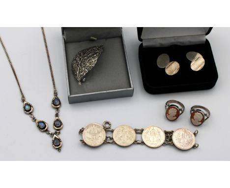 A collection of vintage silver jewellery, to include a silver and moonstone necklace; Hungarian silver coin bracelet; silver 