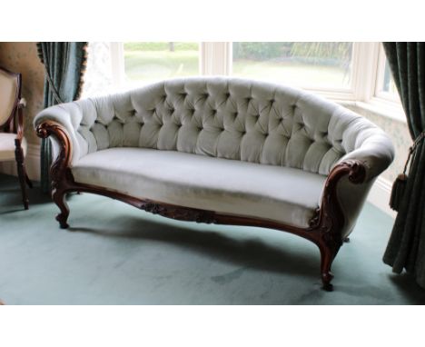 A Victorian button back sofa with pale blue upholstery, 89cm high by approx 205cm wide