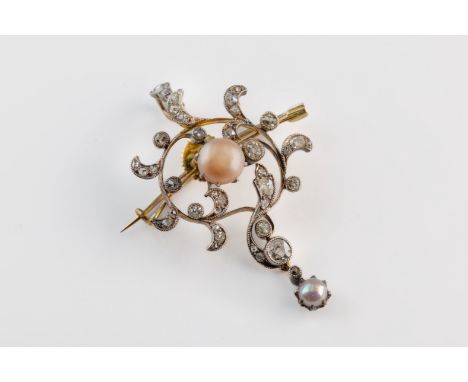 A Victorian pearl and diamond pendant brooch, set with a button pearl, within scrolling openwork diamond frame, suspending a 