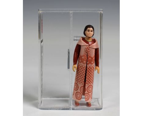 A loose, graded vintage Princess Leia 'Bespin' with original vinyl cape and blaster., Cased in acrylic and graded by UK Grade