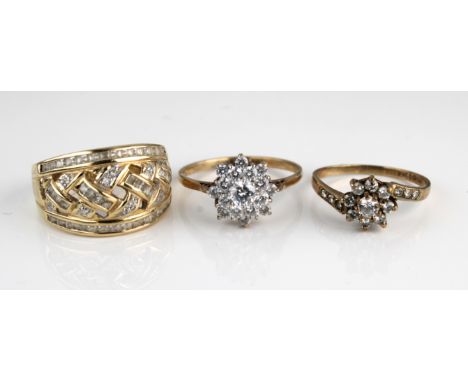 Three 9ct yellow gold and cz rings, sizes O, R &amp; T, combined total gross weight approximately 11.4g (3)